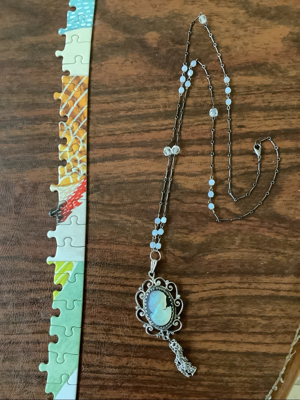 Silver-tone Cameo with rosary style chain